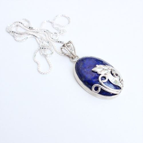 Silver artisan pendant necklace, Unique lapis lazuli pendant