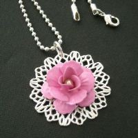 Silver filigree vintage enamel rose pendant necklace