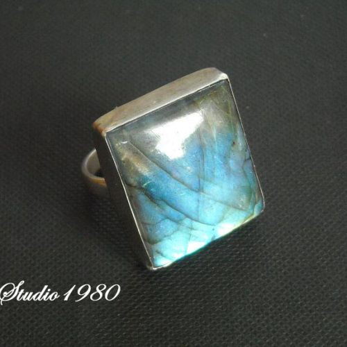 Silver labradorite ring, Square stone rings, Natural blue gemstone ring