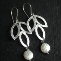Silver leaf earrings, Coin pearl earrings leaf and coin pearl earrings for bride bridesmaid