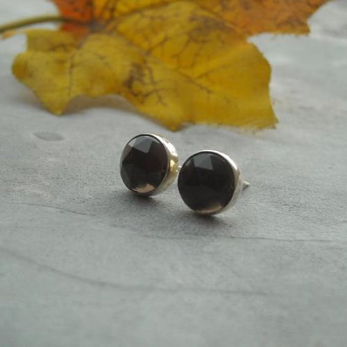 Smoky quartz stud earrings, 8mm silver studs, Brown studs