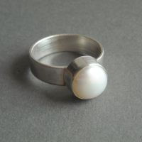 Solitaire pearl ring, Freshwater pearl thick band silver ring