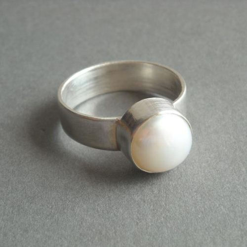Solitaire pearl ring, Freshwater pearl thick band silver ring
