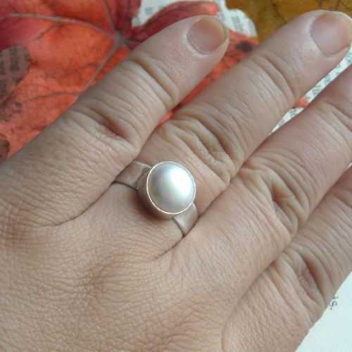 Solitaire pearl ring, Freshwater pearl thick band silver ring