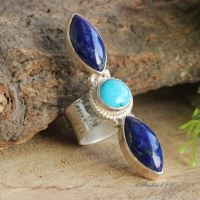 Statement jewelry, Artisan silver ring, Lapis and turquoise