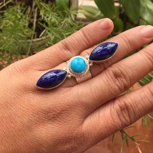 Statement jewelry, Artisan silver ring, Lapis and turquoise