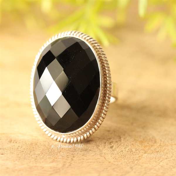  Statement Black Onyx Ring, Black gemstone handmade silver ring