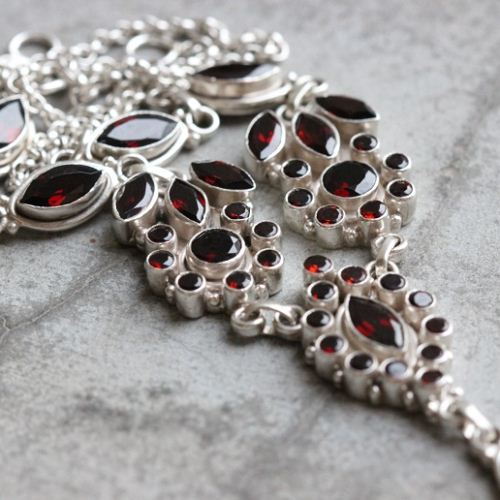 Statement Garnet Necklace, Artisan necklace, Ethnic silver necklace