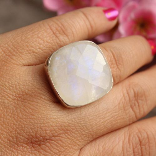 Statement Moonstone ring, Cushion cut silver ring