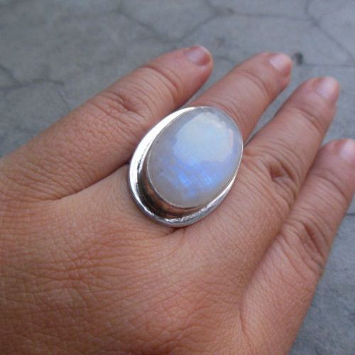 Statement Ring, Bold rainbow moonstone silver ring