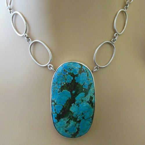Statement Turquoise pendant necklace, Artisan silver handmade pendant