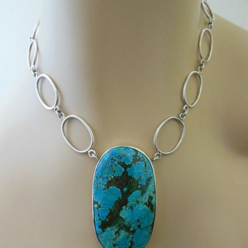 Statement Turquoise pendant necklace, Artisan silver handmade pendant