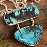 Large turquoise pendant necklace, Artisan silver jewelry