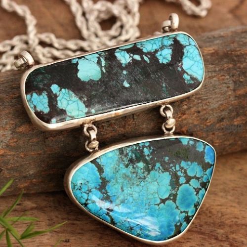 Large turquoise pendant necklace, Artisan silver jewelry