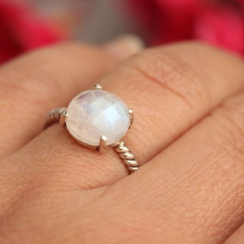 Sterling silver Rainbow Moonstone ring, Prong set gemstone ring 