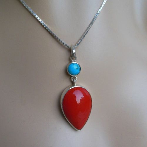Sterling silver artisan turquoise coral pendant