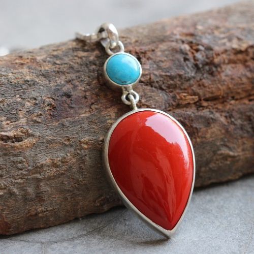Sterling silver artisan turquoise coral pendant