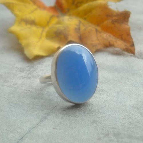 Sterling silver blue chalcedony ring, Artisan jewelry rings, Oval