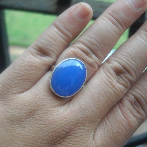 Sterling silver blue chalcedony ring, Artisan jewelry rings, Oval