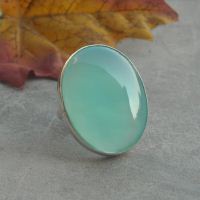Sterling silver green chalcedony ring, Large oval artisan silver ring