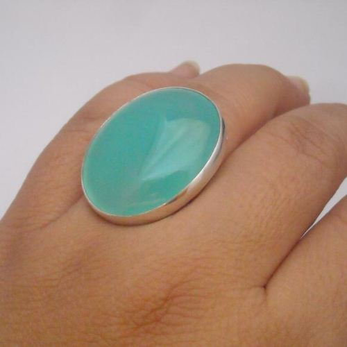 Sterling silver green chalcedony ring, Large oval artisan silver ring