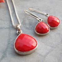 Sterling silver jewelry set, Red coral jewelry set, Pendant Earrings