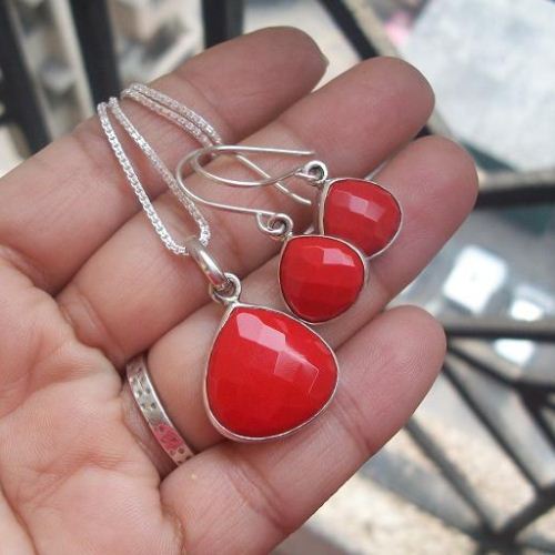 Sterling silver jewelry set - Red coral jewelry set - Pendant Earrings