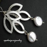 Sterling silver leaf coin pearl bridal earrings