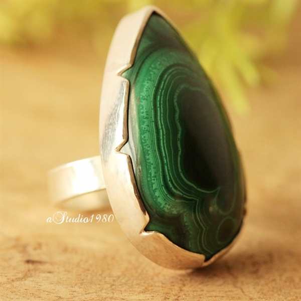 Sterling silver malachite ring, Handmade malachite ring Statement ring
