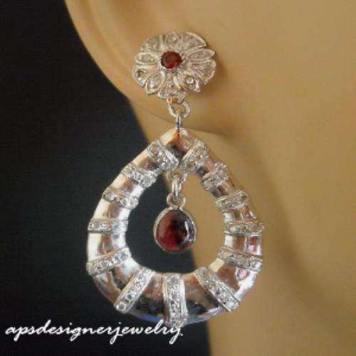 Sterling silver red garnet earrings, Artisan Victorian style earrings
