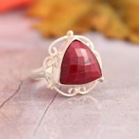 Triangle ring, Ruby ring, Artisan silver ring, July birthstone