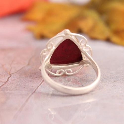Triangle ring, Ruby ring, Artisan silver ring, July birthstone