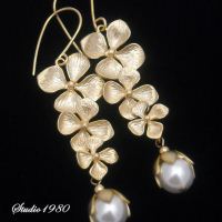 Triple Flower earrings, Swarovski pearl earrings, gold filled swarovski pearl bridal earrings
