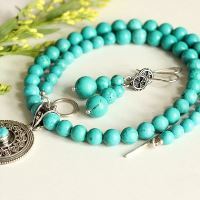 Turquoise beaded necklace earrings set in Sterling Silver