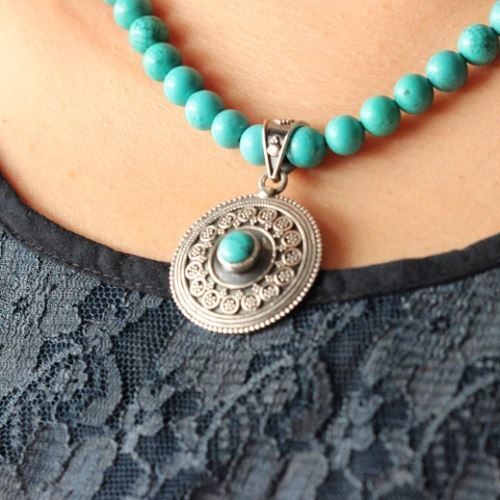 Turquoise beaded necklace earrings set in Sterling Silver