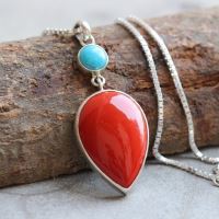 Turquoise and coral necklace, Turquoise silver pendant earrings set