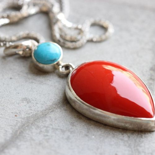 Turquoise and coral necklace, Turquoise silver pendant earrings set