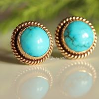 Turquoise gold earring - 14k yellow gold earrings - gold stud