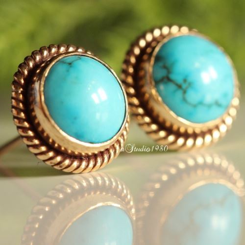Turquoise gold earring - 14k yellow gold earrings - gold stud