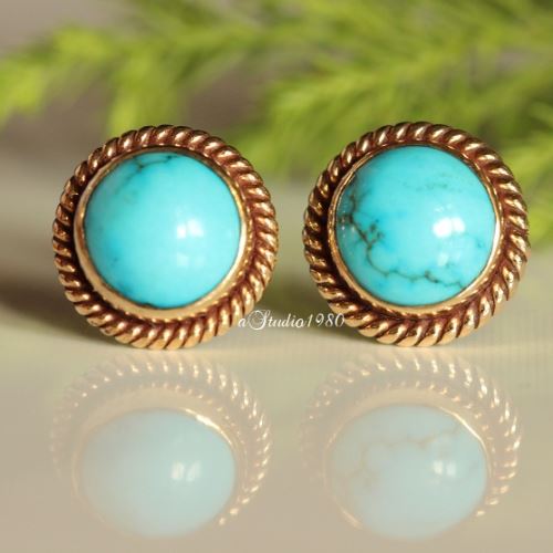 Turquoise gold earring - 14k yellow gold earrings - gold stud