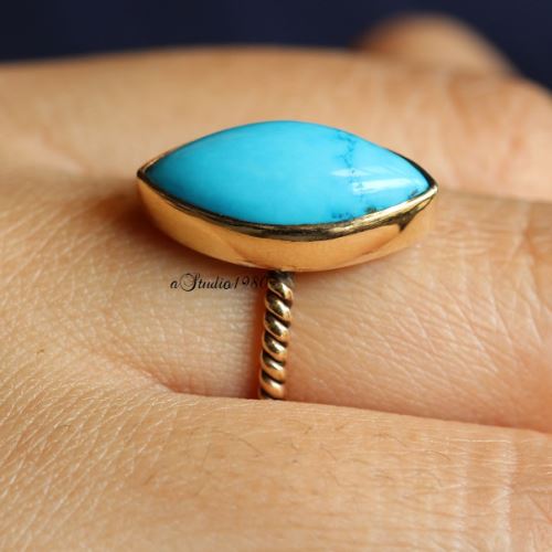 Turquoise gold ring - 14k yellow gold ring - Blue turquoise ring