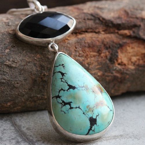 Turquoise pendant, Silver pendant, Turquoise black onyx pendant 