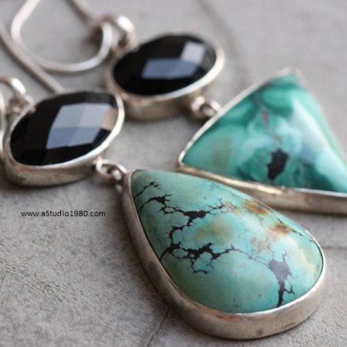 Turquoise pendant, Silver pendant, Turquoise black onyx pendant 