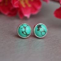 Turquoise stud earrings, Cabochon earrings, Gemstone silver studs