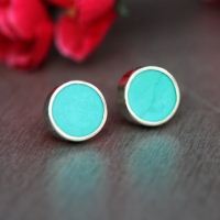 Turquoise stud earrings, Round turquoise silver ear studs