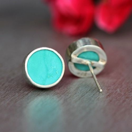 Turquoise stud earrings, Round turquoise silver ear studs