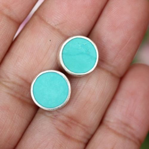 Turquoise stud earrings, Round turquoise silver ear studs