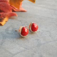 Valentine Red Coral earrings, Coral silver artisan stud earrings