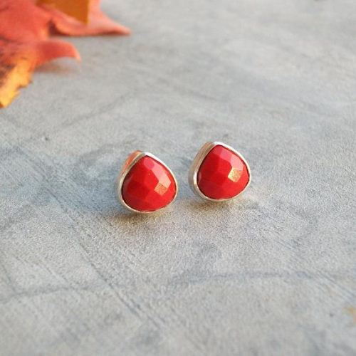 Valentine Red Coral earrings, Coral silver artisan stud earrings