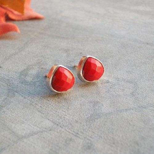 Valentine Red Coral earrings, Coral silver artisan stud earrings